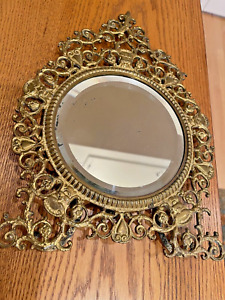 Antique Rare Brass Bronze French Table Vanity Mirror Picture Frame