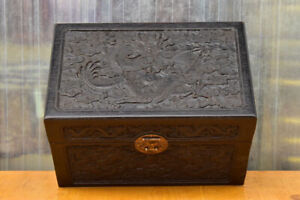 Chinese Natural Ebony Wood Handmade Exquisite Dragon Pattern Box 19574