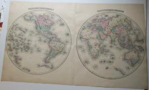 Original Hand Colored Detailed 1876 Gray S Atlas Maps Of East West Hemispheres