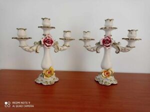Pair Of Vintage Ornate Rose Decor Italian Made Ceramic Candelabras