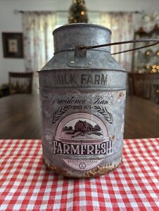 Prim 9 Vtg Galvanized Metal Milk Pail W Rusted Lid Bottom New Decals Front