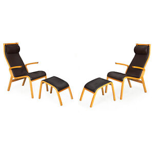 Pair Of Scandinavian Modern Bentwood Leather Arm Chairs With Ottomans