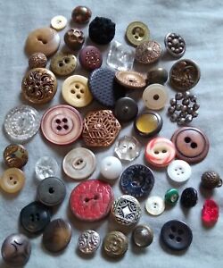 50 Beautiful Antique Buttons Metal Glass Mop Vegetable Ivory Horn 