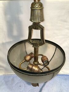 Vtg Art Deco Solid Brass Hanging Basket Light Fixture 3 Bulb 1930s Glass Dome