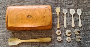 Very Old Hinged Wooden Box With Bone Or Mother Of Pearl Spoons Buttons 
