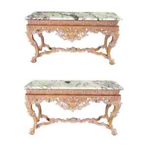 Rare Pair Of French Carved Limed Beechwood Marble Top Louis Xv Console Tables