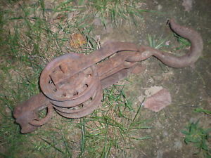 Antique Block Tackle Cat Iron Double Pulley Hook Farm Tool Hoisting 18 