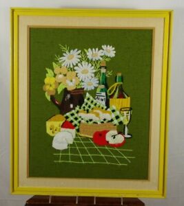 Large Vintage 1970 S Crewel Picture Wooden Frame Italy Cheese Flowers