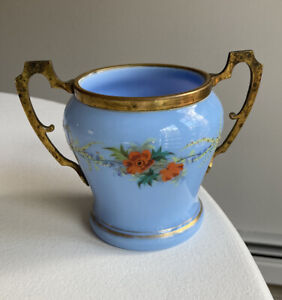 Antique Powdre Blue French Opaline Blown Milk Glass Sugar Bowl Brass Hp Flowers