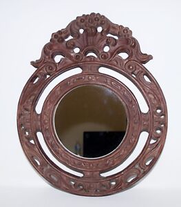 Vintage Large Round Mirror Hand Carved Wood Ornate Frame Floral
