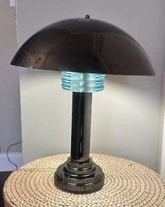 Mcm 80s Art Deco Revival Mushroom Dome End Table Desk Lamp Black Chrome