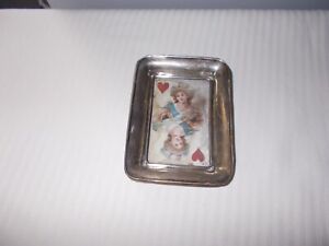 Vintage Sterling Silver Trinket Tray Coins Keys Queen Of Hearts Playing Card