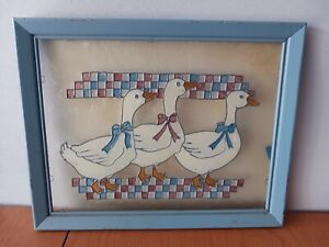 Vintage Stained Glass White Ducks Checkerboard Trim Framed Picture 14 X 11 In