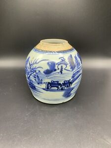 Chinese Antique Blue And White Porcelain Ginger Jar W Scene Canton Ware Damaged
