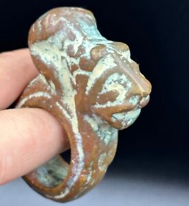 Very Rare Ancient Scarce Greek Bronze Ring With Tiger Head