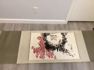 Chinese Scroll Painting Of Cherry Blossoms Flowers With Signature And Red Seal