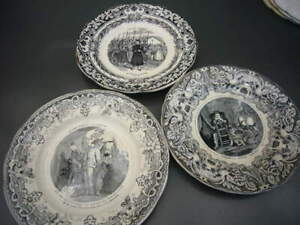 Three Plates In Grisaille Creil Montereau Gien Veillard Bordeaux