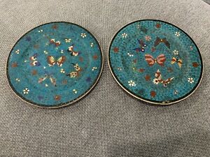 Antique Japanese Signed Kinkozan Porcelain Pair Of Butterfly Decorated Plates