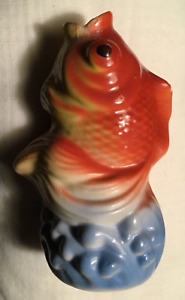 Old Vintage Chinese Blue Orange Porcelain Koi Fish Open Mouth Water Vase 5 25 