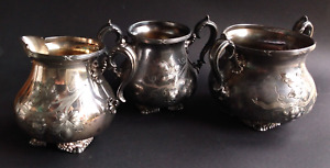 Victorian Webster Silverplate 0684 Creamer Sugar Waste Bowl W Hand Etched Grapes