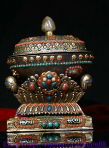 8 8 Old Tibet Silver Crystal Shell Inlay Dzi Bead Gems Skull Base Kapala Bowl