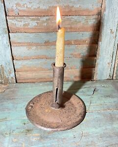 Antique Primitive Iron Push Up Candlestick Cleated Bottom Wide Base Signed Aafa