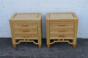 Hollywood Regency Faux Bamboo Caned Nightstands End Side Tables A Pair 5311