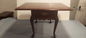 Vintage Ethan Allen Solid Cherry Queen Anne Style Drop Leaf Side Table W Drawer