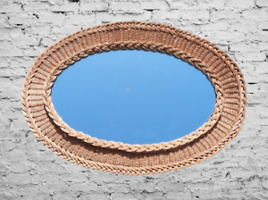 Large Oval Wall Mirror In Hand Woven Wicker Bohemian Style Vintage 1960s