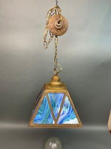 Old Antique Bronze Arts Crafts Mission Blue Slag Glass Hanging Lamp Parlor