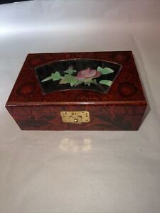 Vintage Lacquer Redwood Floral Jewelry Box Made In China 7 25 X 4 75 X 2 5 