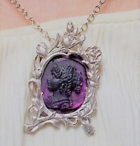 Antique Amethyst Glass Cameo Head Full Of Curls Jewelry Sterling Frame Necklace