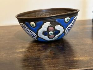Antique Islamic Copper And Enamel Bowl Early 19c Rare 