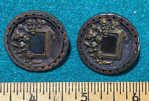 2 Antique Victorian Picture Buttons Steel Cup Floral Mirror Brass Pewter 1 1 4 