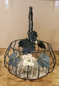 Vintage Wire Gathering Farmhouse Basket With Wicker Bottom