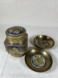 Vintage Chinese Champleve Brass And Enamel Tea Caddy 3 W Two Matching Dishes 3 