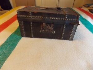 1800s Small Antique Hide Covered Trunk Box Brass Tacked Nice Wallpaper Lining