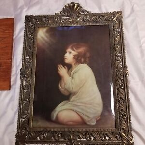 Antique Or Very Old Print The Infant Samuel In Brass Frame With Bubble Glass
