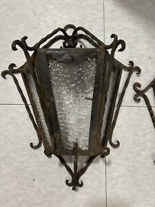 Vintage 1920 S Glass Wrought Iron Glass Lantern Sconce Mission Revival Clear