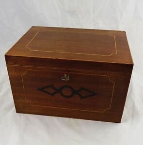 19th C Inlaid Wood Box With French Blue White Upholstered Interior With Key