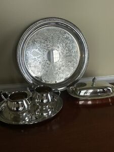 Vintage Silver Creamer And Sugar Set With Silver Butter Dish And Silver Platter