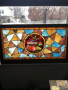 Antique Victorian Large Stained Leaded Glass Transom Window W Jewels 44 X 25 