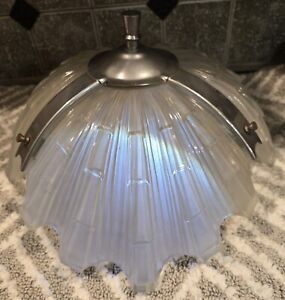 1930s Art Deco Frosted 3 Slip Shade Chandelier Chrome Chain Hanging Pendant