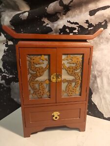 Asian Style Small Cabinet Jewelry Box Red Wood Dragons 17 5 X 11 Vintage