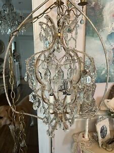 Chandelier Lamp Macaroni Beaded Antique Vtg Italian French Crystal Prism