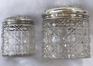 Pair Antique Glass And Sterling Silver Repousse Lid Vanity Jars 1906 And 1910