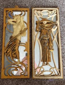 Vintage Oliver Tupton Art Nouveau Lady Gold Mirror Stone Resin Pair
