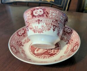 Antique Swans Red Transfer Cup Saucer English Staffordshire 19th Century