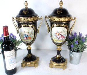 Pair Acf Sevres Marked Porcelain Victorian Scene Vases Urns