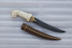 V V Old Vintage Lion Head Bone Handle Grip Gold Inlaid Blade Dagger Wootz Blade